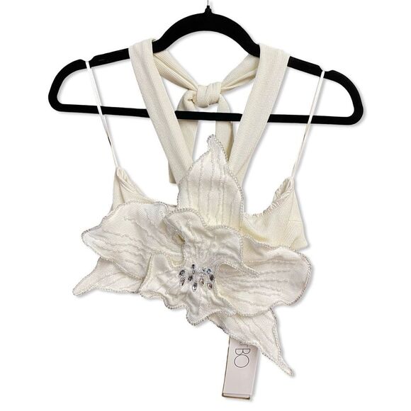 PatBO Flower Applique Halter Top Ivory White Floral 3D blouse crop Revolve NWT 6 - Picture 5 of 16